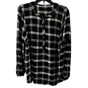 Talbots Woman’s Black White Gathered Long Sleeve Flannel 1/2 button Size 0X